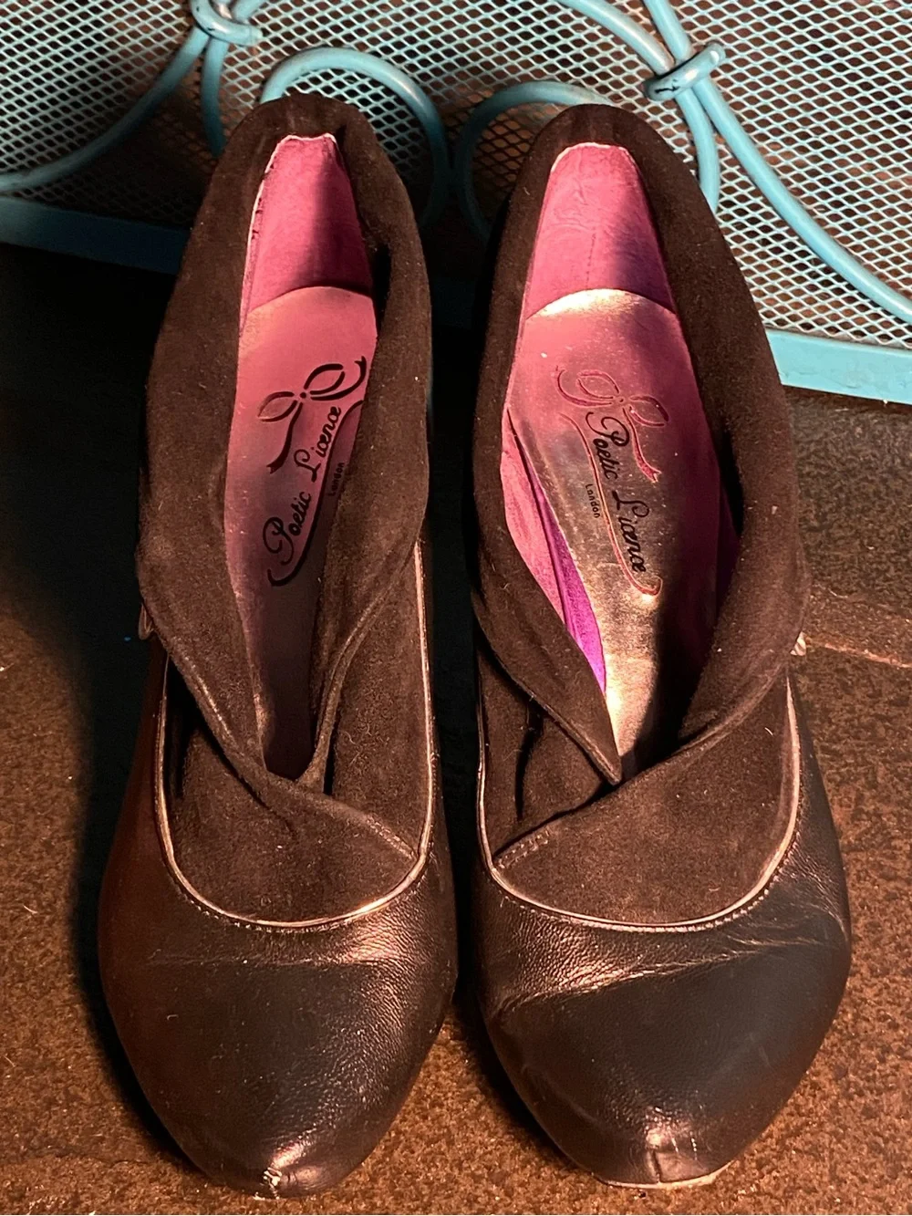 Irregular Choice Poetic License wedge heels,black leather/silver bow,collar,7